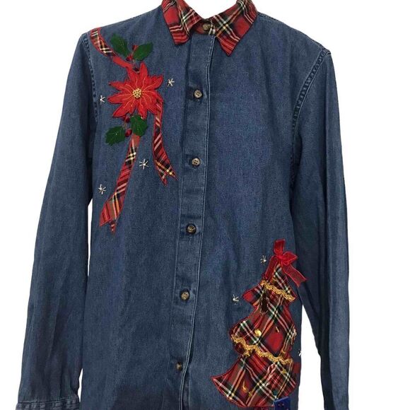 Vintage Christmas Shirt Blouse Denim tacky size small medium - Picture 10 of 14